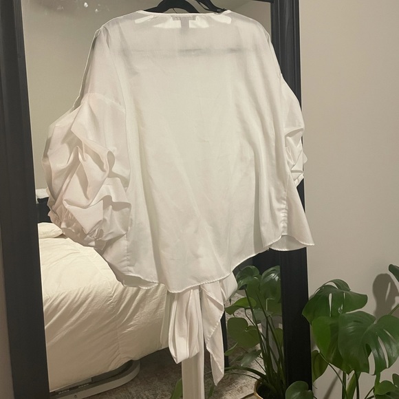 WORN ONCE White Rushed Lantern Sleeve Wrap Blouse - Picture 9 of 11
